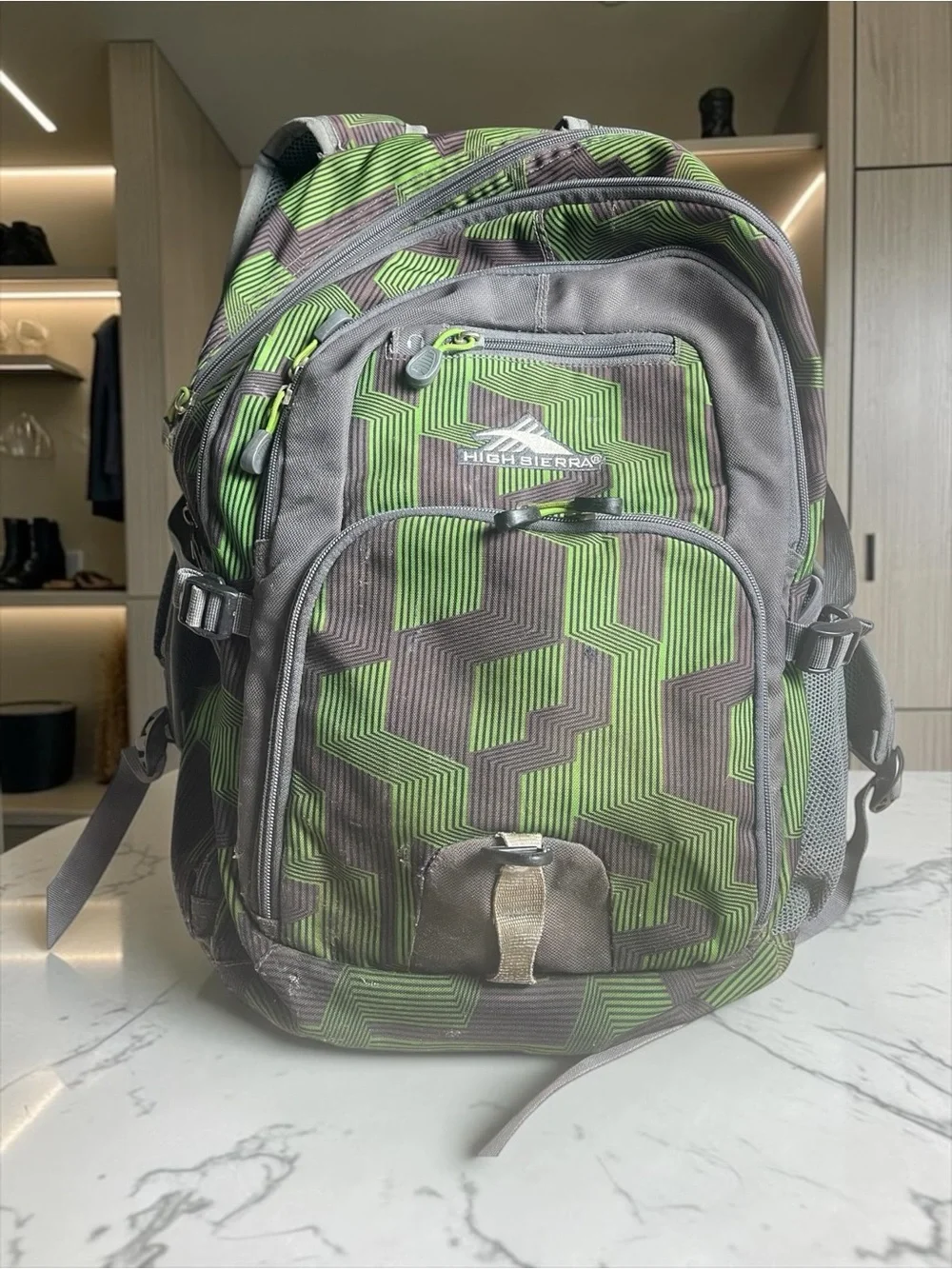 High Sierra Backpack Laptop School Travel Bag Gray Green Geometric Print